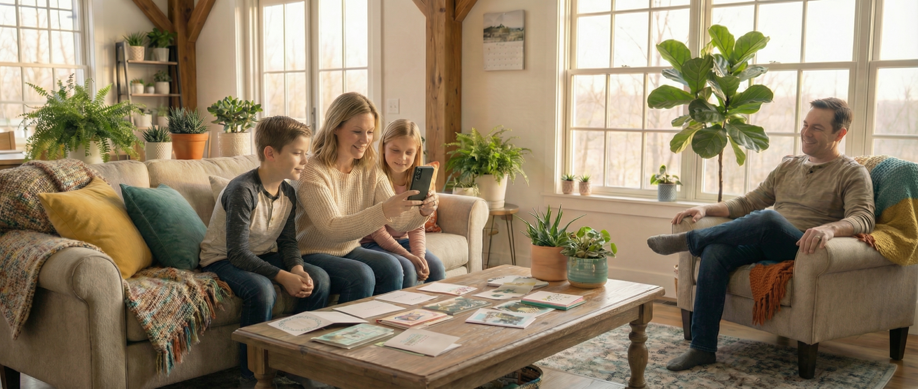 Family looking through greeting cards together